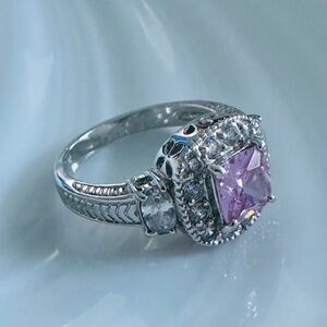 Princess Cut Pink CZ Rhodium Plated Dress Ring